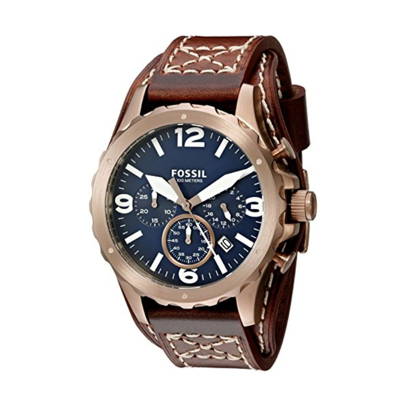 Fossil Nate Brown Leather Strap  Blue Dial Chronograph Watch For Gents - JR1505