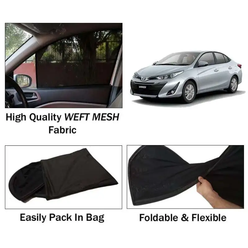 Toyota Yaris Sun Shades | Foldable | Mesh Fabric | Flexible Rods | Dark Black | Packed In Bag