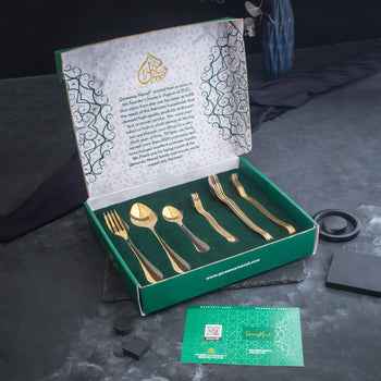 5 YEAR GUARANTEE 50 Gram Premium Golden Cutlery Set Qareenay Manzil® Branded - 8 Person