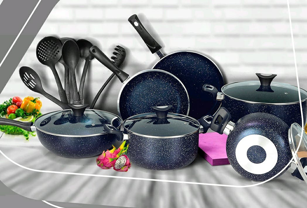 Non stick Cookware set Gift pack -19 pcs AR cookware double Marble Coated inside and outside low price range Imported Quality Marble with heavy Weight cookware Material set Pack of 19 pcs